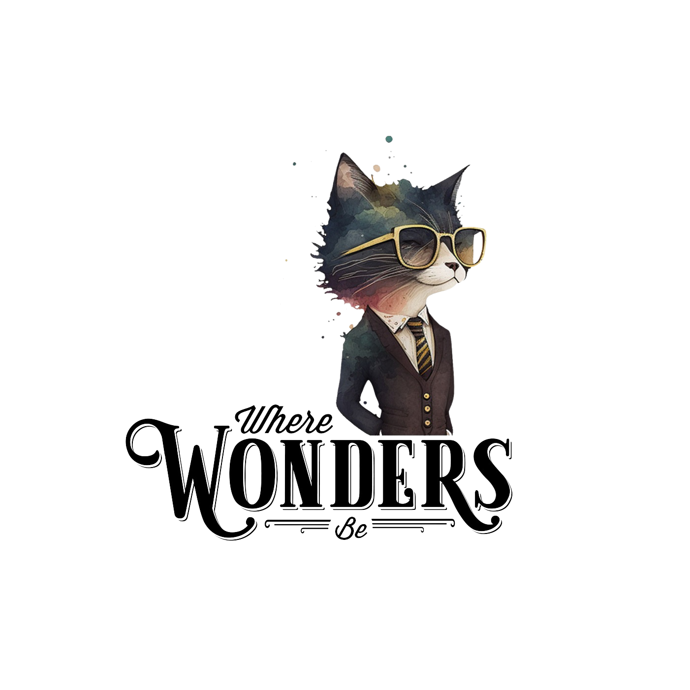 Where Wonders Be logo — illustrated cat in suit with gold glasses